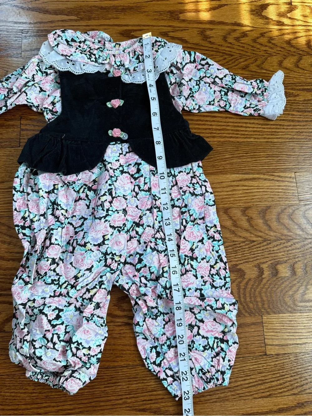 Vintage Tiny Tots Original Floral Romper Corduroy Vest Overlay 100% Cotton 12m